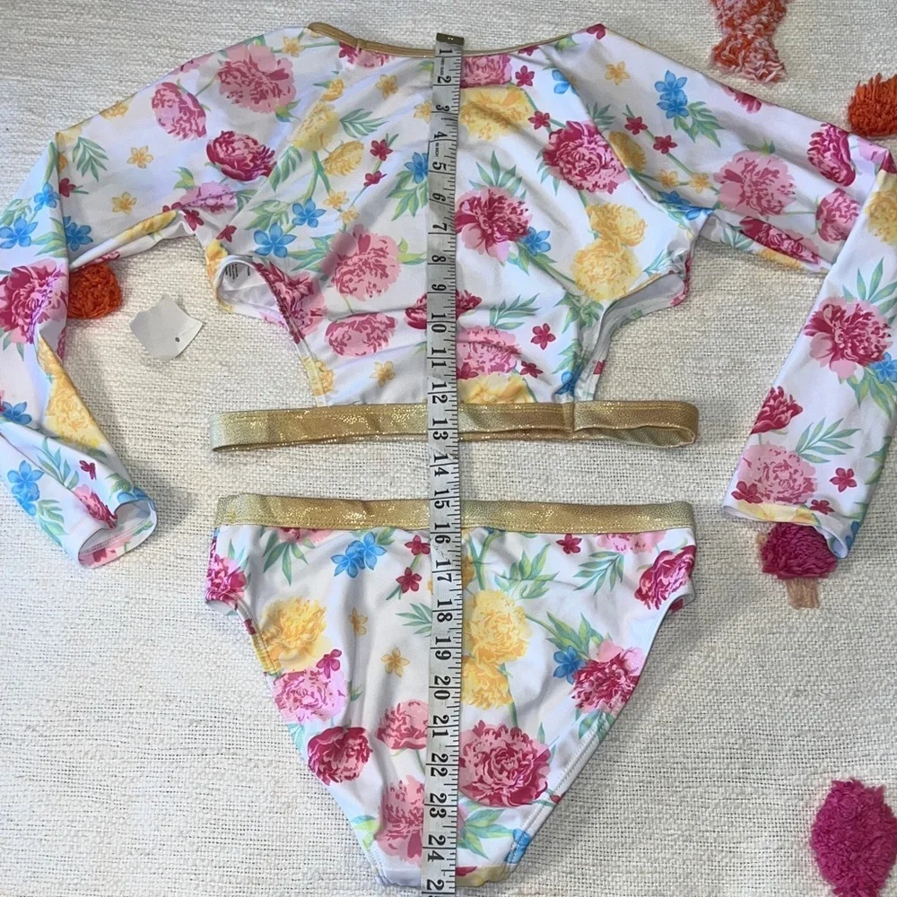Tommy Bahama 💐 Girls 2-pc Set Sz 14 Floral L/S Rashguard with Gold Trim